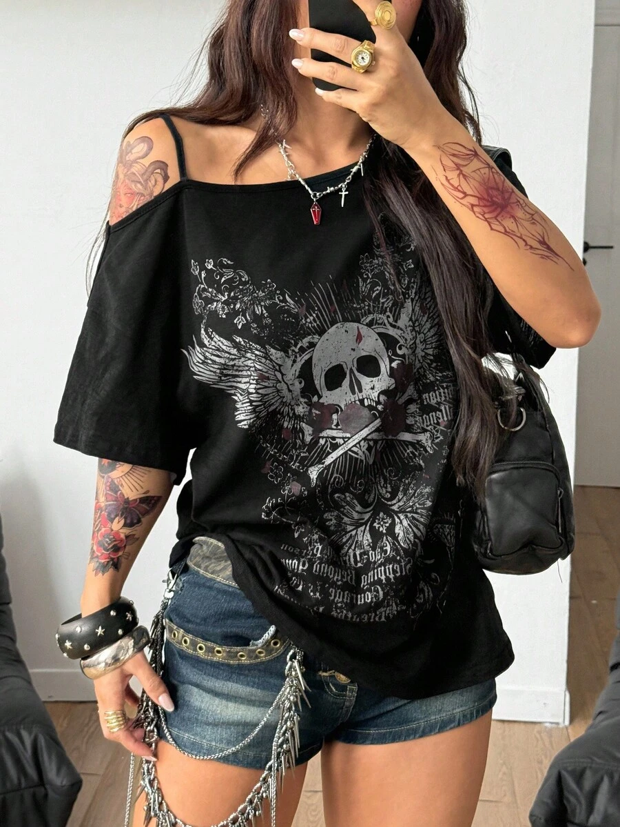 Coolane Women's Fall Streetwear Going Out Y2K Skeleton Graphics Halloween Outfits Halloween Outfits Loose Black T-Shirt - Black - View 1