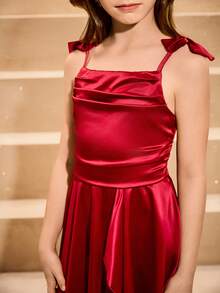 SHEIN Elegant Luxurious Burgundy Red,Summer,Special Occasion Big Tween Girl Bowknot Spaghetti Strap Off-Shoulder Midi Dress,Wedding Flower Girl Party Prom - Burgundy - View 8