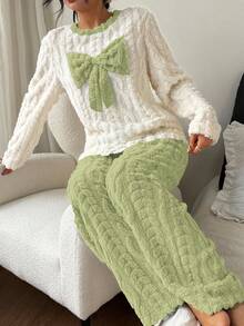 SHEIN Women's Colorblock Textured Fleece Bow Decor Long Sleeve Top & Pants Fluffy Cozy Pajama Clothes Set, Winter