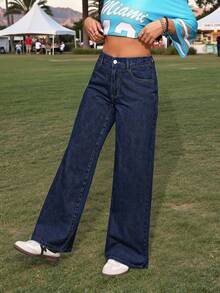 SHEIN PETITE 女士修身直筒牛仔裤，蓝色夏季音乐会街头风宽松牛仔裤，牛仔锐舞节Y2K牛仔裤