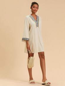 Travachic Women's Vintage V-Neck Long Sleeve Short Dress, Bohemian Dress, New Year Look, Thanksgiving Outfits, Elegant Dresses Party, Luxury Evening Dresses For Weddings, Chic Going Out Outfits - White - View 5