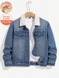 SHEIN Teen Boy Fashion Casual Y2k Vintage Cool Street Returns To School College Basic Simple And Comfortable Autumn And Winter Blue Nostalgic And Retro Washed Denim Fleece Base Fleece Warmth Lapel Long-Sleeved Denim Jacket For Kids Clothes Teen Boy Soft Dailywear And Kids Winter And Fall Rave Outfits Festival And Outfits Streetwear Clothes