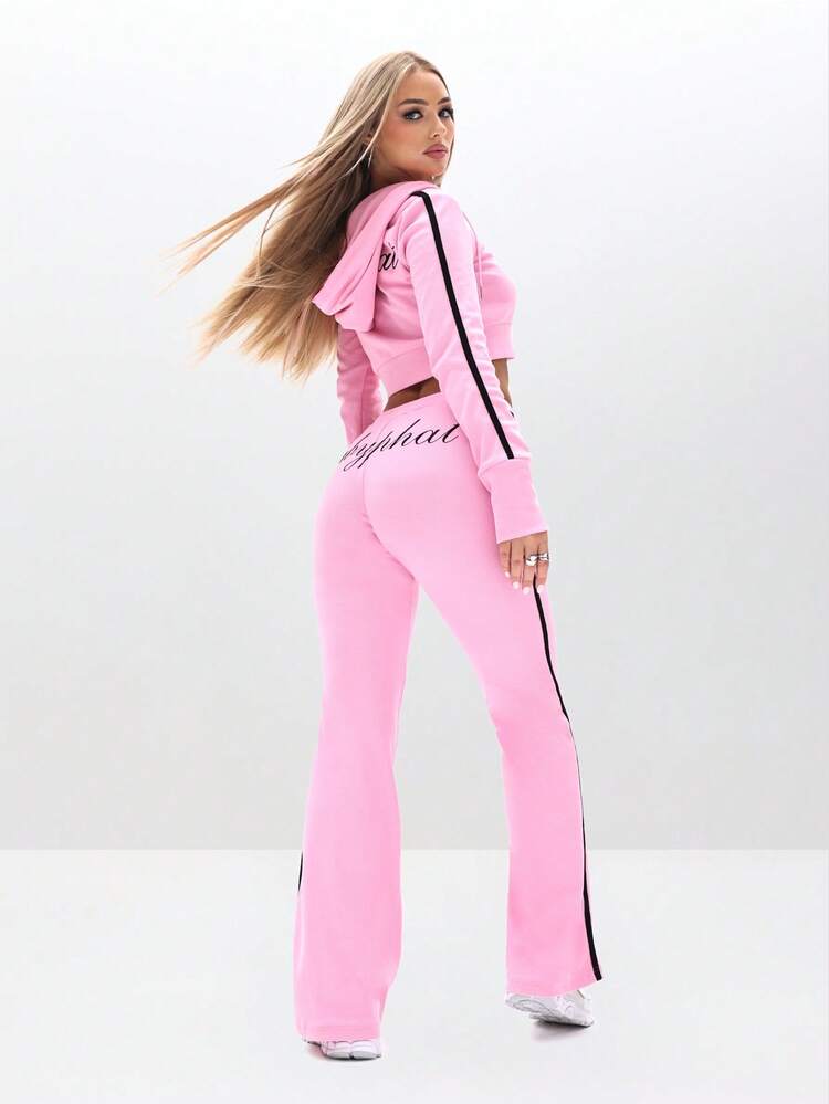 BABYPHAT Ribbed High Rise Flared Leggings With Side Stripe Detail For Casual Everyday Comfort Pink Sets For Women
