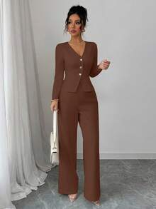 Selianne 女士优雅长袖西装外套和裤子套装，商务/通勤风格，适合夏季、独立日、毕业典礼、返校 - 棕色 - 查看 5