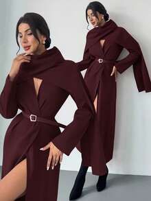 Firerie 女士新款秋冬围巾搭配优雅日常通勤轻盈长款夹克 - 酒紅色 - 查看 2