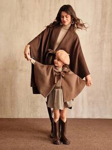 SHEIN 女童棕色羊毛斗篷披肩外套，时尚披肩领，适合全家穿着，秋冬季大衣 - 卡其色 - 查看 8