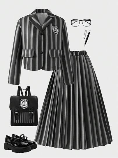 SHEIN 2pcs/Set Young Girl Dark Striped Blazer Jacket & Elastic Waist Pleated Skirt Suit, Wednesday Addams Style, Casual Outfit For Fall