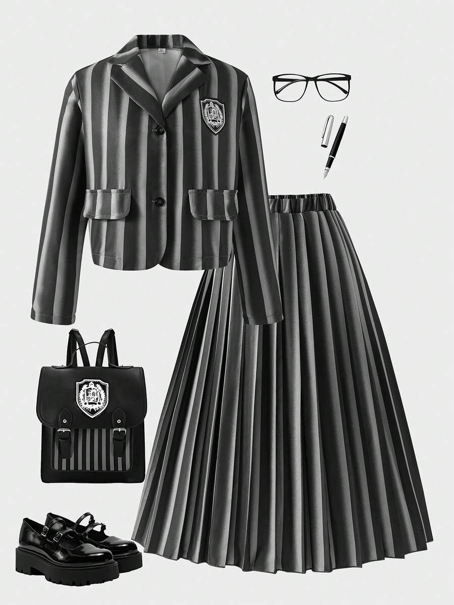 SHEIN 2 件套年轻女孩深色条纹西装外套和松紧腰百褶裙套装，星期三亚当斯风格，秋季休闲装