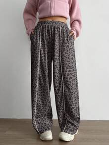 Aidyla Color Block & Leopard Print Patchwork Casual Sports Sweatpants - Coffee Brown - View 3