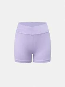 SHEIN Pantalones cortos de activewear para niñas preadolescentes de unicolor, estilo minimalista casual con cintura cruzada, tela con estiramiento de 4 vías, adecuado para ciclismo, correr, entrenamiento - Morado - Ver 8