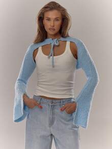 MUSERA Knit Tie Neck Flare Split Sleeve Bolero Everyday Cosy Winter - Baby Blue - View 1