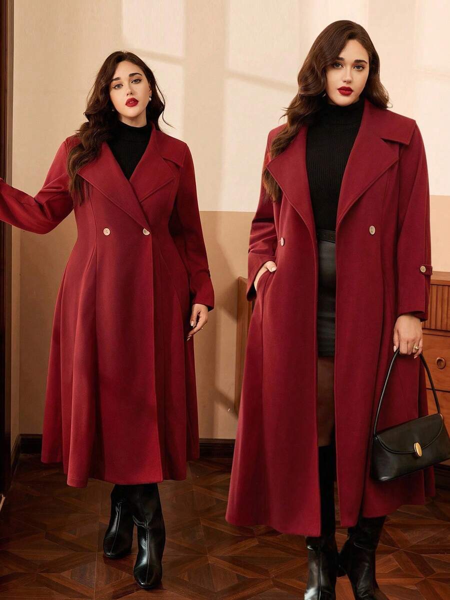 SHEIN Clasi New Minimalist Plus Size Women Woolen Overcoat, Suitable For Commuting, Party, Elegant, Christmas, Halloween - Red - View 1