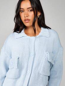 MISSGUIDED 超大号纽扣粗针织开衫，落肩舒适秋冬毛衣 - 淺藍色 - 查看 5