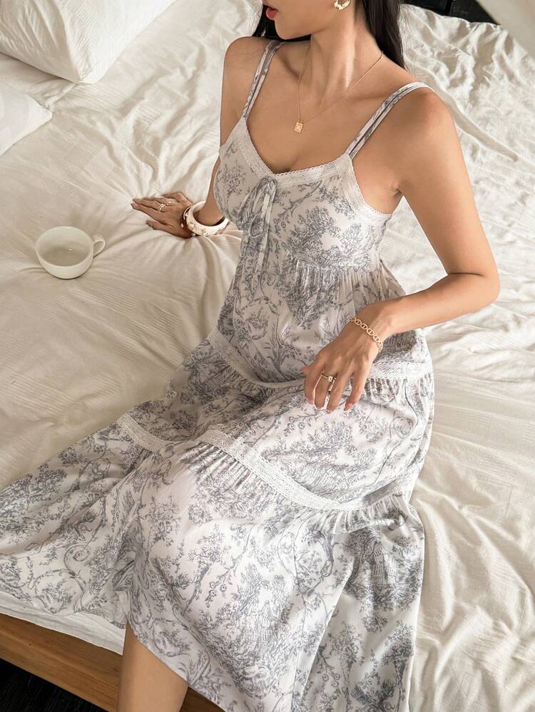 Landscape Sketch Print Trim Decor Sleeveless Long Women Nightgown