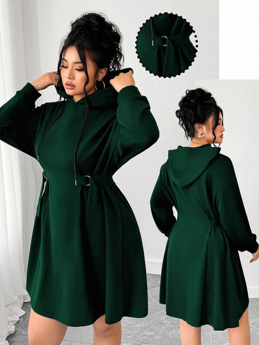 Elenzga Fashionable Casual Commuter Chic Comfortable Cinched Waist Hooded Dress - Dark Green - View 1