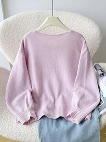 SHEIN Áo len cardigan tay đèn lồng đan nơ thời trang thường ngày đa năng cho bé gái tuổi mới lớn, thích hợp cho cuối tuần, đi chơi thường ngày, trở lại trường, mùa thu/đông - Màu Hồng baby - Xem 2