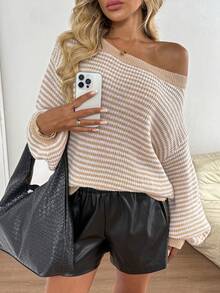 Easowa Áo len trễ vai họa tiết sọc cho mùa thu/đông - Màu be - Xem 5