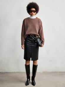 Lumivelle Women's Autumn/Winter PU Leather Slit Elegant Urban Commuting Style Mid-Length Skirt Leather Skirts  Black Skirt - Black - View 4