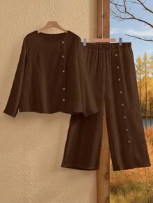 EMERY ROSE 女式春季白色纹理圆领单排扣装饰长袖和裤子加大码两件套 - 棕色 - 查看 1