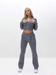 BABYPHAT Pantaloni a zampa con costine e dettagli con bottoni, vita alta, pantaloni larghi da relax - Grigio Scuro - Visualizzare 2
