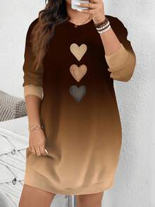 EMERY ROSE Thanksgiving Brown Ombre Heart Print Casual Minimalist Plus Size Sweatshirt, ,Spring - Multicolor - View 3