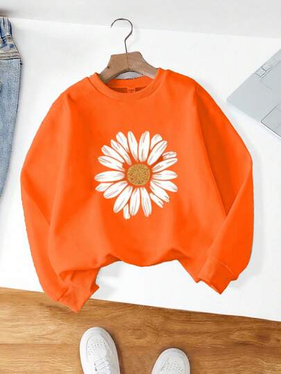 女婴圆领可爱花卉印花舒适长袖运动衫，适合秋冬季，轻盈舒适，非常适合秋季分层穿着，时尚休闲装，平面设计，返校季，户外野餐，街头摄影，家居，校园，节日，礼物