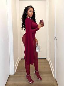 BamGleam 女式纯色不对称领长袖连体裤和性感透明紧身裤两件套 - 酒紅色 - 查看 5