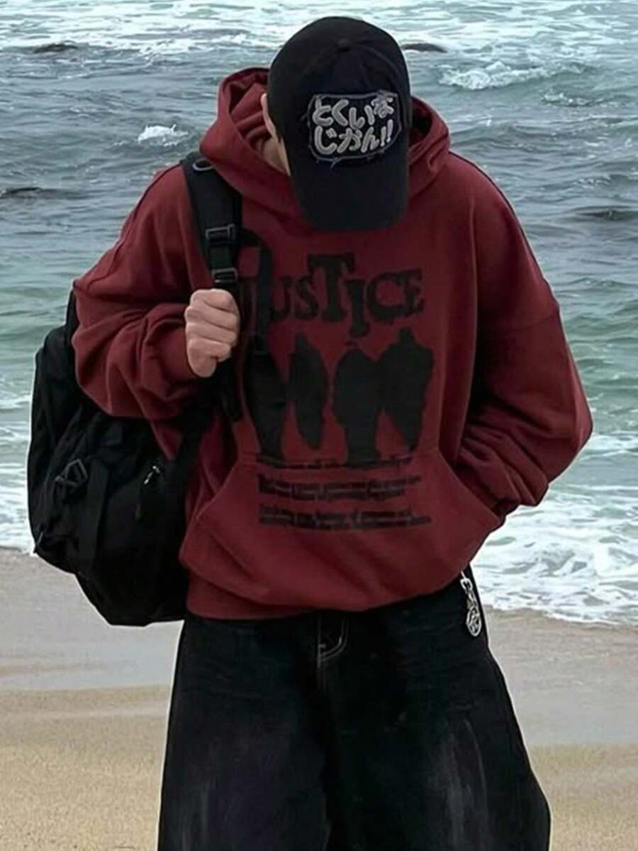 Manfinity Dauomo 男士休闲标语图案宽松口袋连帽衫，秋季 - 酒紅色 - 查看 1