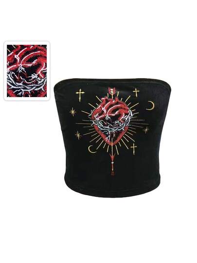 Goth Christmas Gothic Elegant Palace Heart Arrow Cross Star Moon Embroidered Velvet Women Tube Top