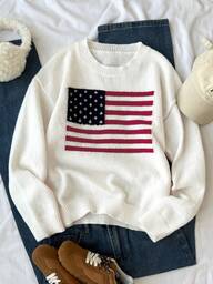 SHEIN Herbst/Winter Neue Amerikanische Flagge Muster Strickpullover, Langarm Loose Fit Collegestyle Strick Top für Frauen & Jugendliche