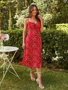 KARISMINA Ditsy Floral Print Split Thigh Cami Dress - Red - View 5