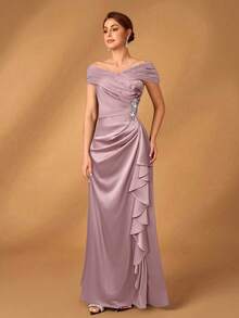 Serin 优雅奢华的海军蓝缎面露肩褶皱 A 字形不对称荷叶边下摆连衣裙，适合晚会、庆典、婚礼、新娘母亲礼服 - 藕粉色 - 查看 3