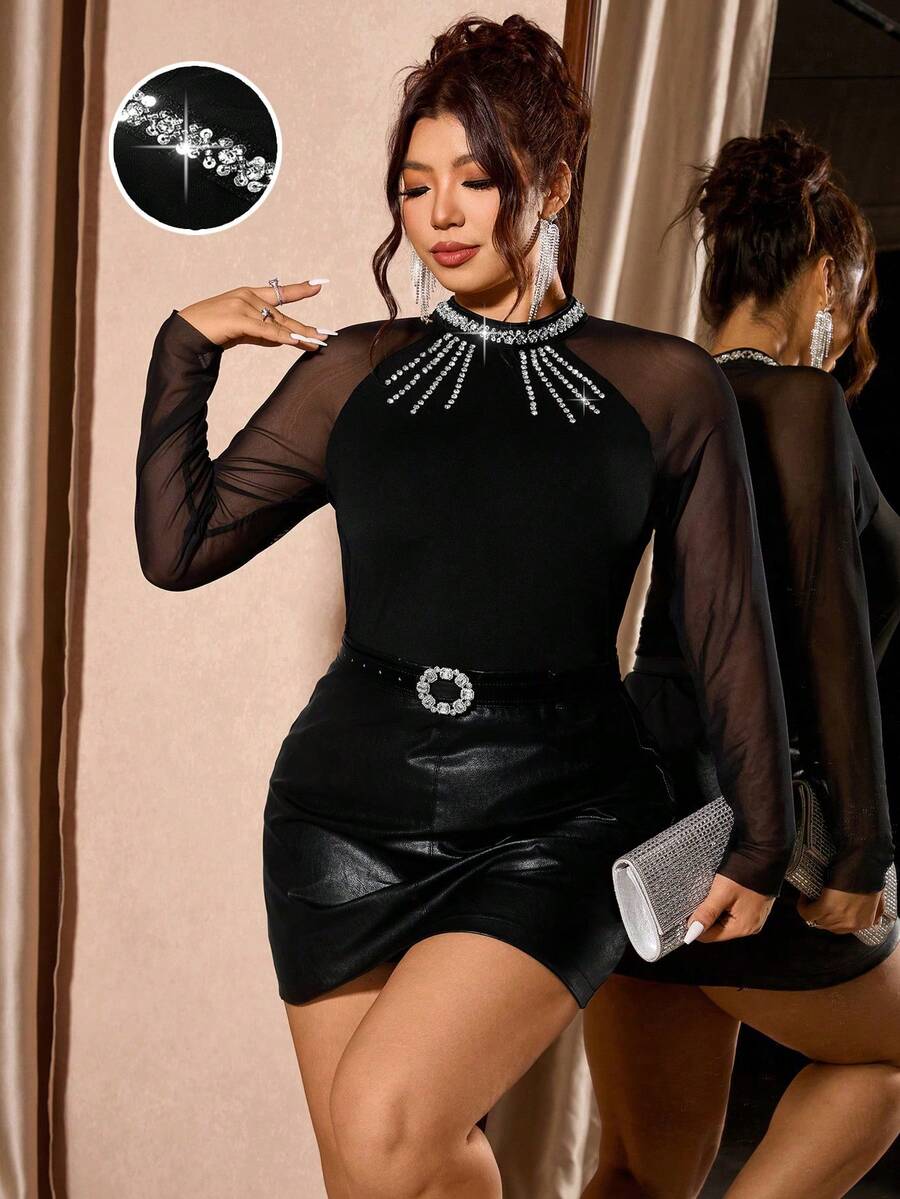 Cravure Maglietta elegante da donna taglie forti in tessuto lavorato a maglia, con scollo impreziosito da decorazioni in perline - nero - Visualizzare 1