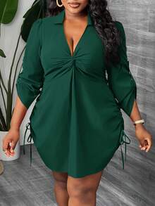 Slaydiva 优雅休闲通勤派对约会性感修身纯色橄榄绿长袖褶皱扭结前襟抽绳腰迷你衬衫裙，适合大码女性，春秋季 - 墨綠色 - 查看 7