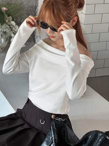 DAZY Teen Girls' Casual Everyday Commute Versatile Solid Color Foldover Off Shoulder Loose T-Shirt, Spring/Autumn