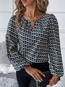SHEIN Clasi 加大码长袖镂空全印花休闲衬衫商务休闲女装 - 彩色 - 查看 1