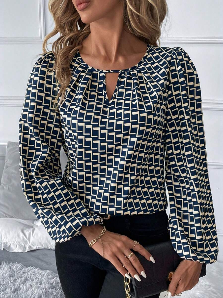 SHEIN Clasi 加大码长袖镂空全印花休闲衬衫商务休闲女装 - 彩色 - 查看 1