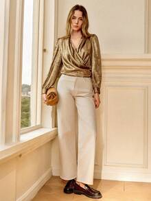 Écloséra 全新时尚法式复古优雅休闲 V 领褶皱长袖金色金属面料女式衬衫，秋冬 - 金色 - 查看 3