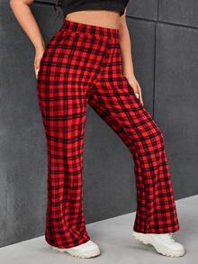 SHEIN EZwear 大码女式高腰休闲格子喇叭裤 - 紅色 - 查看 6