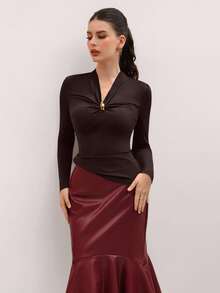 NOVVYNE Metal Buckle V-Neck Pleated Long Sleeve Elegant Fitted T-Shirt - Coffee Brown - View 8