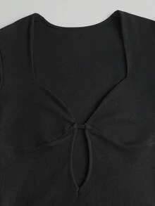Flirla 1 件女士黑色深 V 领针织紧身连衣裙，弹力面料，适合日常穿着和通勤，性感冬装 - 黑色 - 查看 6