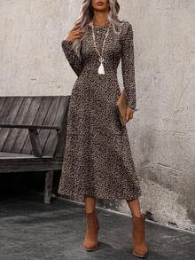 EMERY ROSE Đầm nữ tay dài cổ tròn, eo thon, họa tiết da báo, thích hợp cho mùa xuân và mùa thu. Đầm dài tay dáng midi, họa tiết da báo, phong cách thường ngày. - Nhiều màu - Xem 3