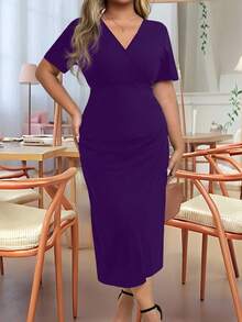 EMERY ROSE 大码女式优雅V领短袖纯色褶饰中长连衣裙 - 紫色 - 查看 6