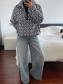 DAZY 复古印花保暖宽松休闲街头风长袖套头卫衣，女款，秋冬款 - 黑色 - 查看 4