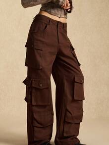 Easelle 咖啡棕色梭织女式休闲宽松工装裤，百搭时尚的街头服饰 - 摩卡棕 - 查看 1