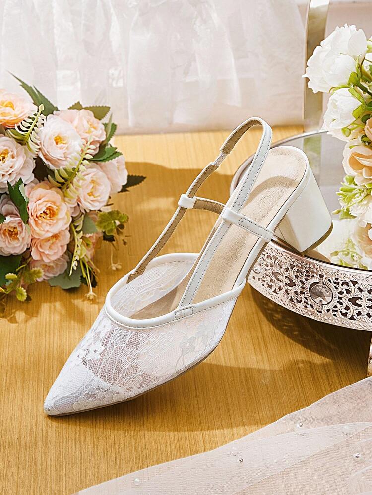 CUCCOO HITCHD Women's Floral Embroidered Lace Pointed Toe Square Chunky Heel Mid-Heel Elegant Sweet Romantic Fashion Beige Mesh Faux Leather High Heel Sandals, Suitable For Dress, Wedding, Party, Holiday Elegant Shoes Wedding Shoes Summer Shoes Bride Shoes