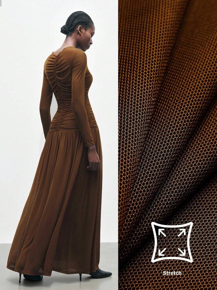 SHEIN Maija 2025 Women's Solid Color Long Sleeve Elegant V-Neck Ruched Dress, Winter Dress, Autumn Clothes , Halloween Costumes, Halloween Cosplay, Christmas Party , New Year Clothes , New Year Women,Thanksgiving Outfit For Women Long Brown Dress Long Dress With Sleeves Bronze Dress Earth Tone Dress