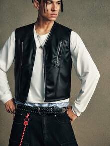 AXEPEAK Men's Fashion Casual PU Leather Zip-Up V-Neck Vest - Black - View 5