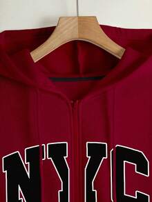 INAWLY Damen Große Größen Kapuzen-Reißverschluss-Sweatshirt, Buchstaben-Muster-Muster, lässige Jacke für Lehrer, Abschluss, Alltagstragen, Winteroberbekleidung und schick, Damen Große Größen Kapuzen-Langarm-Sweatshirt - Bordeaux - Übersicht 3