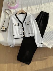 2 件套青少年女孩 V 领手工珍珠纽扣开衫和直筒裤套装，学院风，适合圣诞节、返校季，宽松简约 - 黑與白 - 查看 3